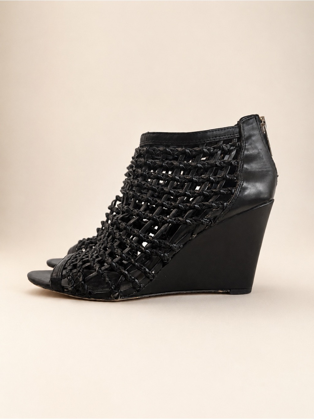 Vince Camuto Lattice-Work Peep-Toe Wedge Bootie - Black Leather - Size 7.5
